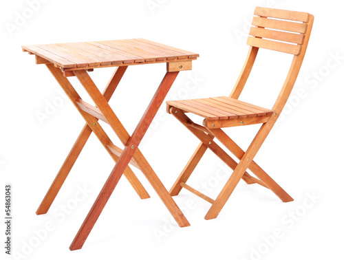 Photo: Wooden table with chair isolated on white Wooden table with chair isolated on white