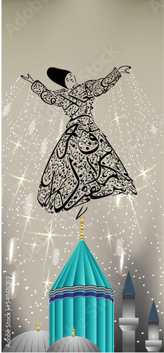 Vector: whirling dervishes and Mevlana Tomb whirling dervishes and Mevlana Tomb