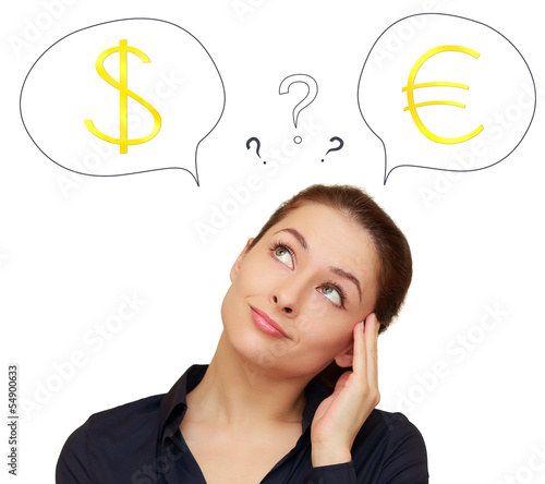 Photo: Business woman thinking about euro or dollar currency isolated o Business woman thinking about euro or dollar currency isolated o