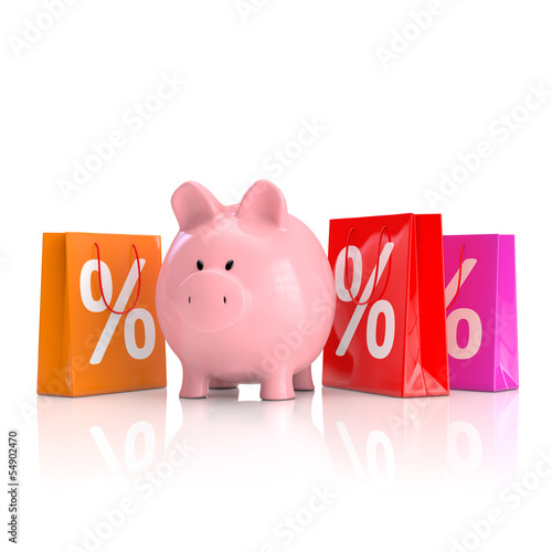 Illustration: Sparschwein mit den Tragetaschen - 3D Illustration Sparschwein mit den Tragetaschen - 3D Illustration