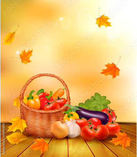 Vector: Autumn background with fresh vegetables in basket. Healthy Food. Autumn background with fresh vegetables in basket. Healthy Food.
