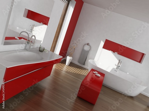 Illustration: Modern luxury red and white bathroom interior Modern luxury red and white bathroom interior