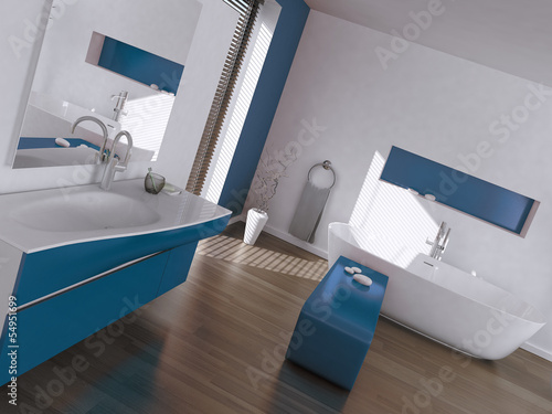 Illustration: Modern luxury blue and white bathroom interior Modern luxury blue and white bathroom interior