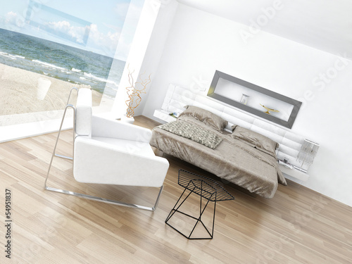 Illustration: Modern Design Bedroom Interior with Seascape View Modern Design Bedroom Interior with Seascape View