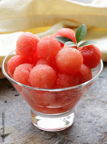 Photo: fruit salad of watermelon in a glass sundae dish fruit salad of watermelon in a glass sundae dish