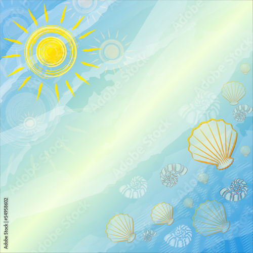 Illustration: blue summer background with suns and shells blue summer background with suns and shells