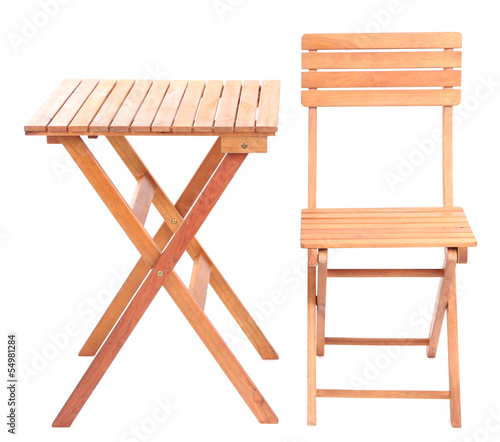 Photo: Wooden table with chair isolated on white Wooden table with chair isolated on white