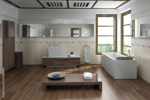 Illustration: Modern luxury bathroom interior with design bathtub and bench Modern luxury bathroom interior with design bathtub and bench