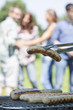 Photo: Deutschland, München, Nahaufnahme Würstchen auf dem Grill mit Freunden im Hintergrund Deutschland, München, Nahaufnahme Würstchen auf dem Grill mit Freunden im Hintergrund