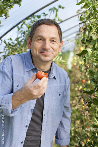 Photo: Deutschland, Sachsen, Erwachsene probieren Tomaten auf dem Bauernhof Deutschland, Sachsen, Erwachsene probieren Tomaten auf dem Bauernhof