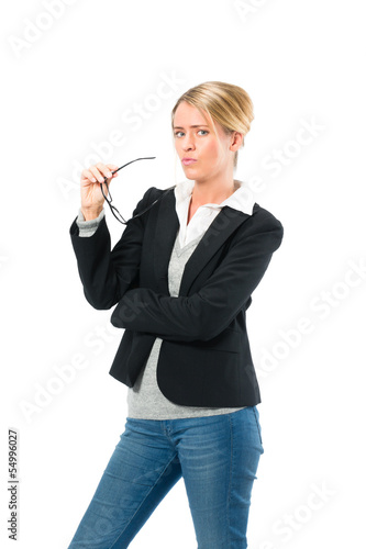Photo: Young woman with white background thinking Young woman with white background thinking