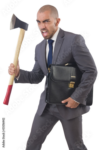 Photo: Funny businessman with axe on white Funny businessman with axe on white