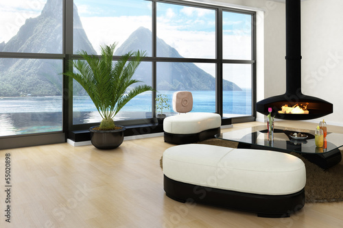 Illustration: Loft interior with huge windows, fireplace and landscape view Loft interior with huge windows, fireplace and landscape view