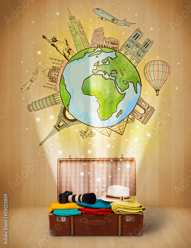 Photo: Luggage with travel around the world illustration concept Luggage with travel around the world illustration concept