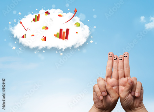 Photo: Happy finger smiley with graph cloud icons in the sky Happy finger smiley with graph cloud icons in the sky