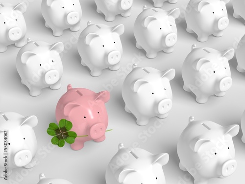 Illustration: Piggy bank - grid with pink pig with clover Piggy bank - grid with pink pig with clover