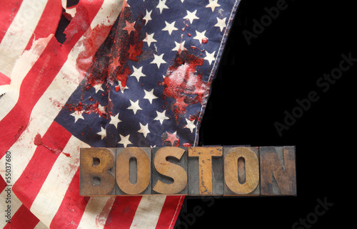 Photo: bloodstains on USA flag with Boston word bloodstains on USA flag with Boston word