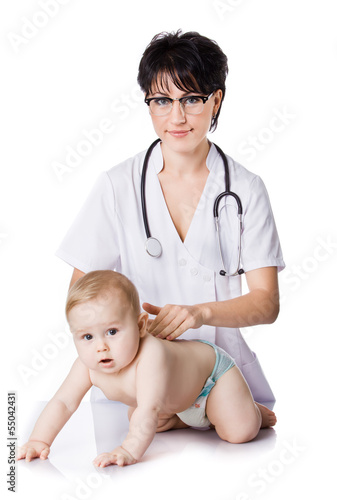 Photo: beautiful doctor and baby on a white background. beautiful doctor and baby on a white background.