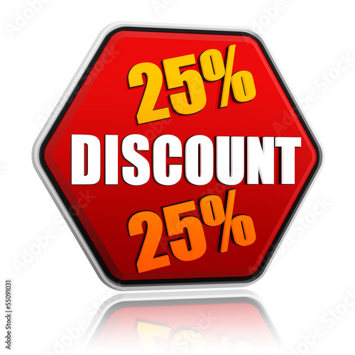 Illustration: 25 percentages discount in red hexagon banner 25 percentages discount in red hexagon banner
