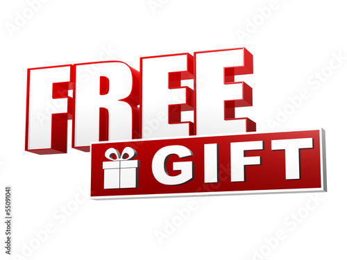 Illustration: free gift with present box symbol in red white banner - letters free gift with present box symbol in red white banner - letters