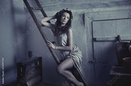 Photo: Sexy cute lady leaning on wooden ladder Sexy cute lady leaning on wooden ladder