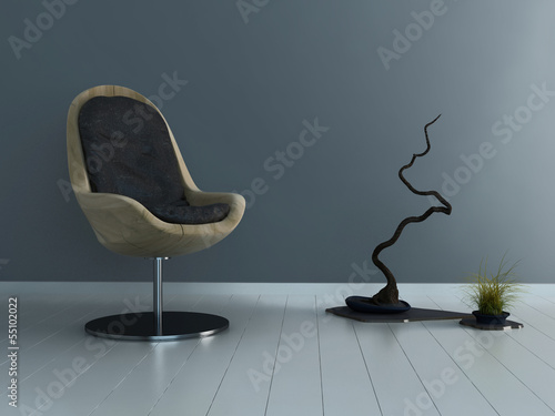 Illustration: Ultramodern wooden chair against gray wall Ultramodern wooden chair against gray wall