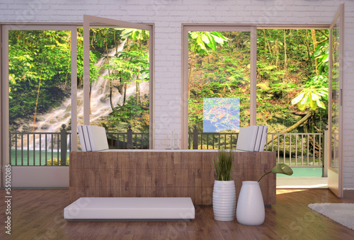Illustration: Tropical bathroom interior with bathtub and landscape view Tropical bathroom interior with bathtub and landscape view