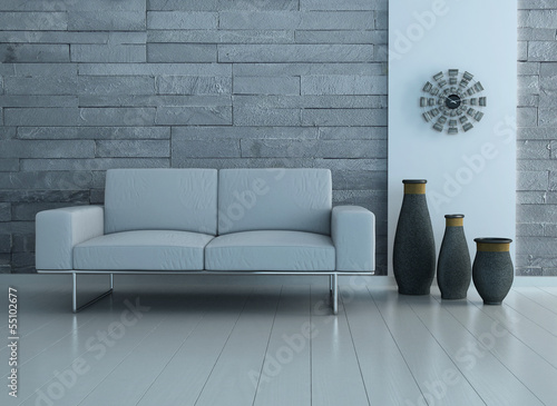 Illustration: Interior with white couch against stone wall Interior with white couch against stone wall