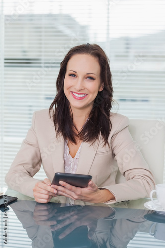 Photo: Smiling businesswoman working on her tablet pc Smiling businesswoman working on her tablet pc