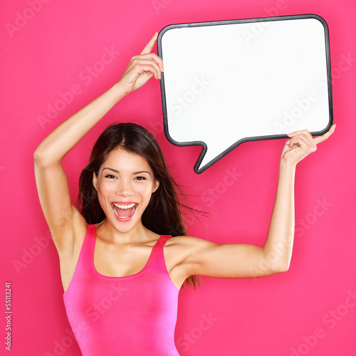 Photo: Woman showing sign speech bubble happy sexy Woman showing sign speech bubble happy sexy