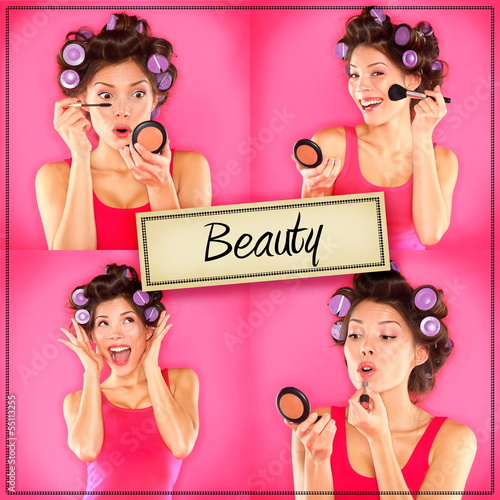 Photo: Beauty woman makeup concept collage series on pink Beauty woman makeup concept collage series on pink