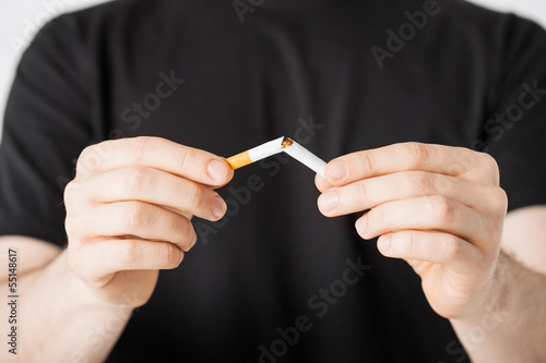 Photo: man breaking the cigarette with hands man breaking the cigarette with hands
