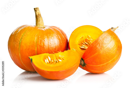 Photo: yellow pumpkin vegetable with cut isolated on white background yellow pumpkin vegetable with cut isolated on white background