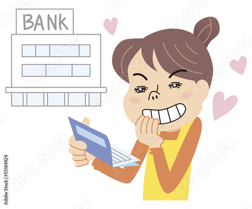 Vector: 預金通帳を見てうれしがる主婦 預金通帳を見てうれしがる主婦