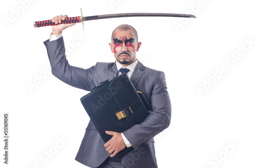 Photo: Businessman with sword isolated on white Businessman with sword isolated on white