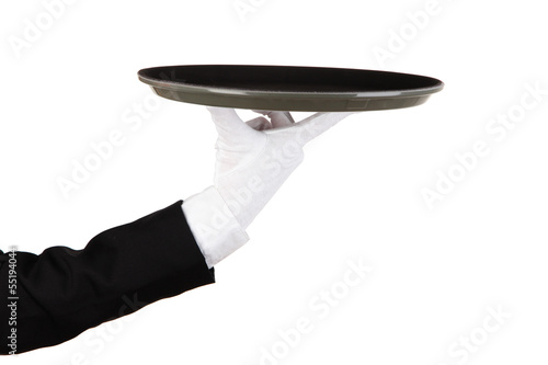 Photo: Empty tray in hand waiter isolated on white Empty tray in hand waiter isolated on white