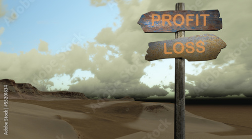 Illustration: sign direction profit - lost sign direction profit - lost