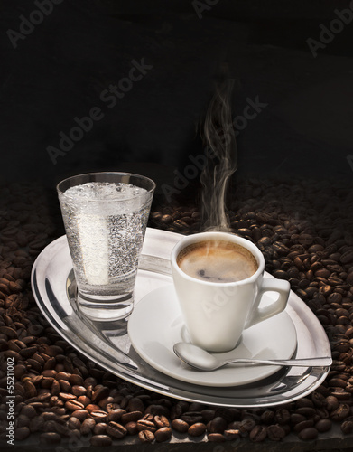 Photo: cup of coffee and carbonated water cup of coffee and carbonated water
