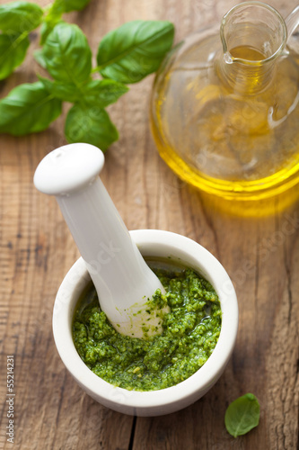 Photo: pesto sauce in mortar pesto sauce in mortar