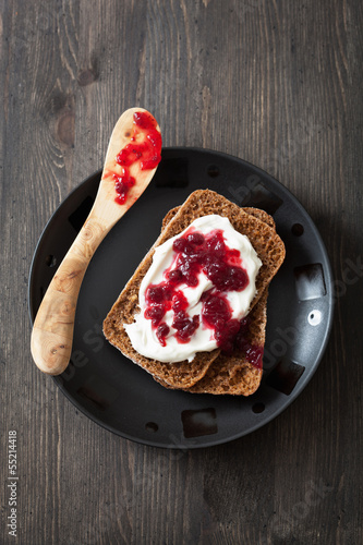 Photo: bread with creme fraiche and lingonberry jam bread with creme fraiche and lingonberry jam