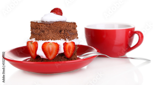 Photo: Chocolate cake with strawberry isolated on white Chocolate cake with strawberry isolated on white
