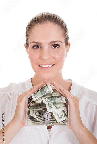 Photo: Young Woman Holding A Box Of Currency Young Woman Holding A Box Of Currency