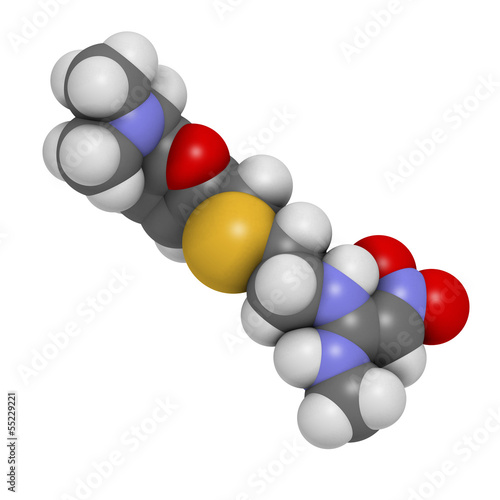Illustration: Ranitidine peptic ulcer disease drug, chemical structure. Ranitidine peptic ulcer disease drug, chemical structure.
