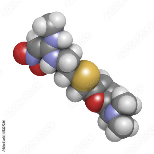 Illustration: Ranitidine peptic ulcer disease drug, chemical structure. Ranitidine peptic ulcer disease drug, chemical structure.