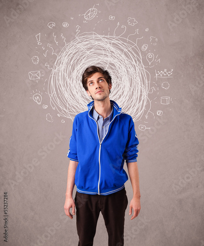Photo: Pretty young girl with abstract circular doodle lines and icons Pretty young girl with abstract circular doodle lines and icons