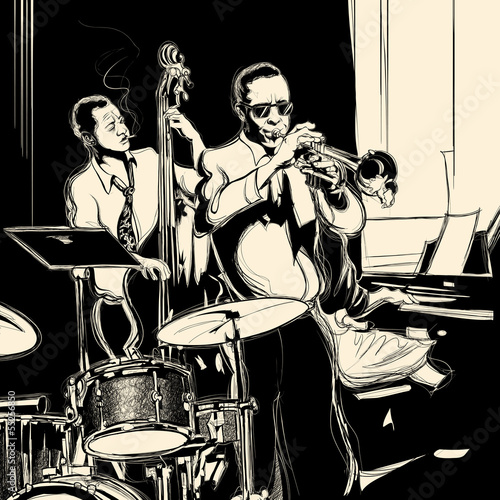 Fototapeta Jazz band with double-bass trumpet piano and drum