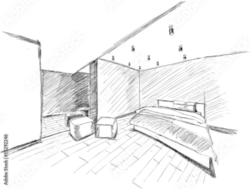 Illustration: modern bedroom executed in black and white graphics modern bedroom executed in black and white graphics