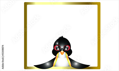 Vector: Animal. Penguin And Whiteboard With Golden Frame Animal. Penguin And Whiteboard With Golden Frame