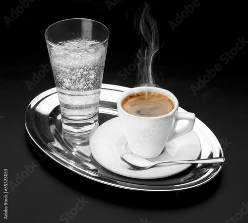 Photo: cup of coffee and carbonated water cup of coffee and carbonated water