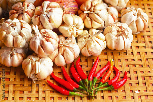 Photo: Garlic and red chili. Garlic and red chili.